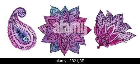 Set paisley style hand-drawn pattern. Watercolor elements. Stock Photo