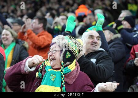 Norwich, UK. 28th Feb, 2020. Norwich fans celebrate the only goal of the game scored by Jamal Lewis of Norwich City during the Premier League match between Norwich City and Leicester City at Carrow Road on February 28th 2020 in Norwich, England. (Photo by Mick Kearns/phcimages.com) Credit: PHC Images/Alamy Live News Stock Photo