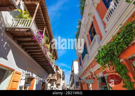 Cartagena, Colombia – 18 February, 2020: Famous colonial Cartagena Walled City (Cuidad Amurrallada) and its colorful buildings in historic city center Stock Photo