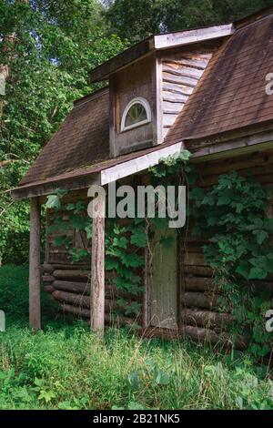 An abandoned house with an outhouse has been abandoned and is becoming overrun with weeds and bushes in the rural south. Stock Photo