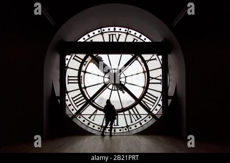 Interior showing the clock from the restaurant in the Musee D'Orsay in Paris, Ile De France, France. Stock Photo