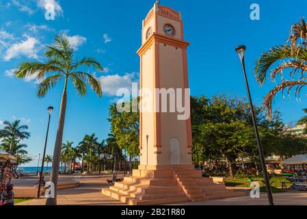 Cozumel, Quintana Roo, Mexico - February 4, 2019: View of the main streets of San Miguel, with its colorful buildings, in the tropical island of Cozum Stock Photo