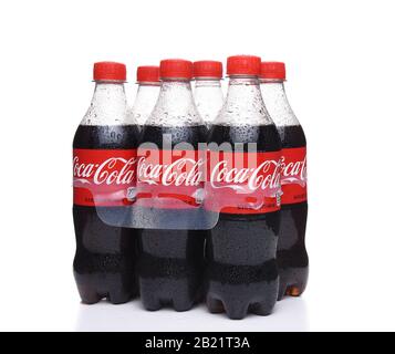 IRVINE, CALIFORNIA - AUGUST 21, 2017:  Six Pack Coca-Cola with Condensation. Coke is one of the most popular soft drinks in the world. Stock Photo