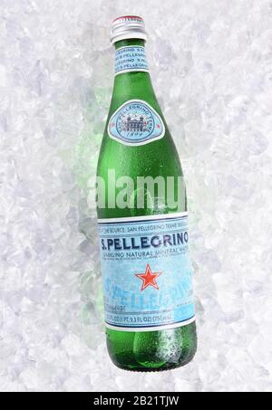 IRVINE, CALIFORNIA - MARCH 16, 2017: San Pellegrino Mineral Water on ice.  The sparkling water is produced in San Pellegrino Terme, in the Province of Stock Photo