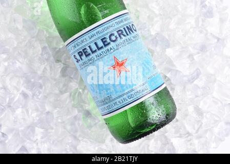 IRVINE, CALIFORNIA - MARCH 16, 2017: San Pellegrino Mineral Water on ice.  The sparkling water is produced in San Pellegrino Terme, in the Province of Stock Photo