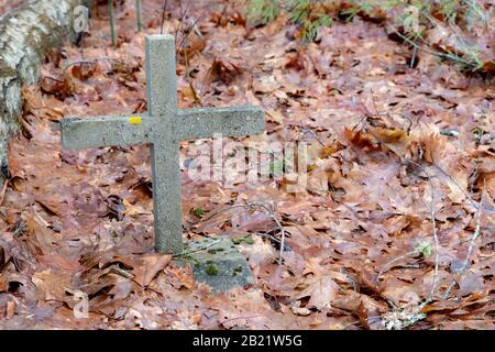 A small stone grave cross surrounded by dead leaves. There are no other grave markers present. Stock Photo