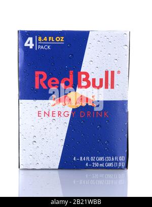 IRVINE, CA - February 06, 2014: A Four Pack of Red Bull Energy Drinks. Red Bull is the most popular energy drink in the world, with 5.2 billion cans s Stock Photo