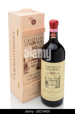 IRVINE, CA - DECEMBER 29, 2014: A 3 liter bottle of Castello D 'Albola Chianti Classico. The Italian estate has over 150 hectares of vineyard and over Stock Photo
