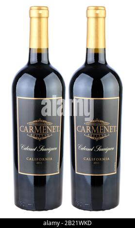 IRVINE, CA - January 05, 2014: Two bottles of Carmenet Reserve Cabernet Sauvignon 2011. Carmenet Vineyards is an award winning winery in Sonoma, Cslif Stock Photo