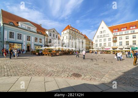 Tourists enjoy a summer afternoon eating at cafes and shopping in the Old Town Hall Square in the touristic center of Medieval Tallinn Estonia. Stock Photo