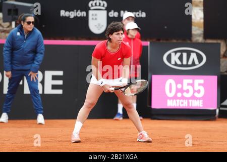 Cartagena, Spain. 7th Feb, 2020. Carla Suarez (ESP) Tennis : Carla Suarez of Spain during singles 2nd match against Misaki Doi of Japan on the ITF Fed Cup by BNP Paribas Qualifiers for Final at the Centro de Tenis La Manga Club in Cartagena, Spain . Credit: Mutsu Kawamori/AFLO/Alamy Live News Stock Photo