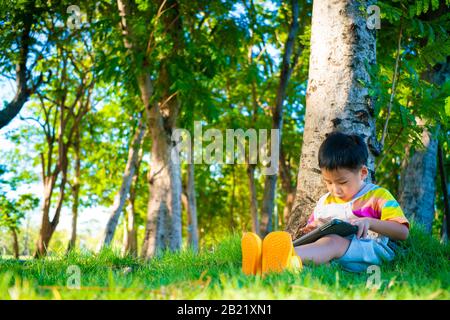 Adorable asian boy sweet casual sitting on green grass use tablet computer learnning nature tree in city park Stock Photo