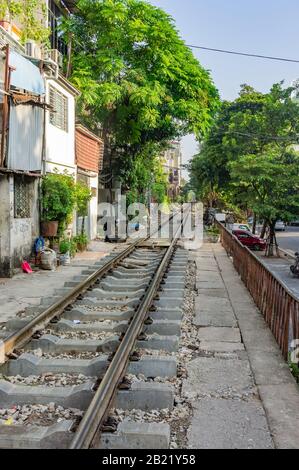 Hanoi, Vietnam. Oct 12, 2019. Hanoi Train Street. Life beside the train tracks in Old City. Stock Photo
