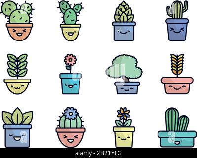 Kawaii plants inside pots flat fill style icon set design of Floral nature garden ornament botany decoration beauty and flora theme Vector illustration Stock Vector
