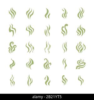 Aromas vaporize icons set green colors. Smells vector, hot aroma, stink or cooking steam symbols, smelling or vapor, smoking or odors simbol illustrat Stock Vector