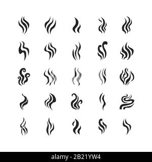 Aromas vaporize icons set. Smells vector, hot aroma, stink or cooking steam symbols, smelling or vapor, smoking or odors simbol illustration in flat s Stock Vector