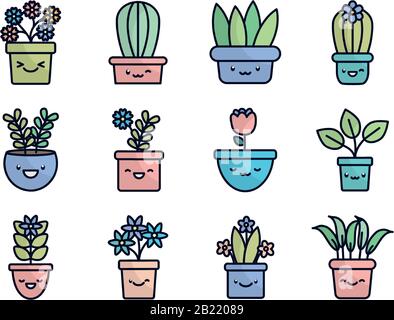 Kawaii plants inside pots flat fill style icon set design of Floral nature garden ornament botany decoration beauty and flora theme Vector illustration Stock Vector