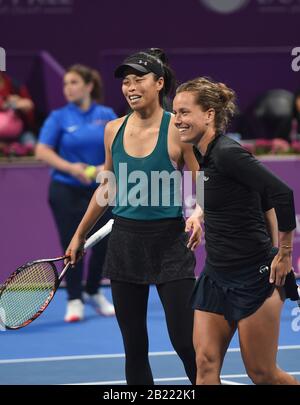 Jelena Ostapenko Of Latvia And Gabriela Dabrowski Of Canada Playing Doubles At The Roland Garros Grand Slam Tennis Tournament On October 4 2 Stock Photo Alamy