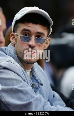 MIAMI BEACH, FL - FEBRUARY 28: BAD BUNNY seen court side at the Miami Heat game. Benito Antonio Mart'nez Ocasio (born March 10, 1994), known by his stage name Bad Bunny, is a Puerto Rican Latin trap and reggaeton singer from the municipality of Vega Baja, Puerto Rico on February 28, 2020 in Miami, Florida People: Bad Bunny Credit: Storms Media Group/Alamy Live News Stock Photo