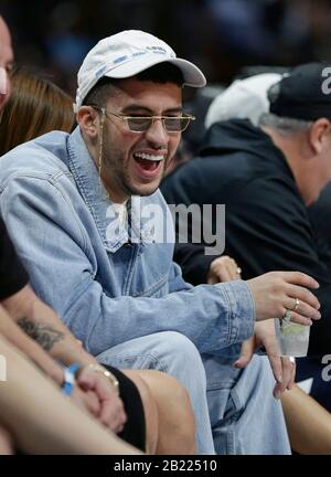 MIAMI BEACH, FL - FEBRUARY 28: BAD BUNNY seen court side at the Miami Heat game. Benito Antonio Mart'nez Ocasio (born March 10, 1994), known by his stage name Bad Bunny, is a Puerto Rican Latin trap and reggaeton singer from the municipality of Vega Baja, Puerto Rico on February 28, 2020 in Miami, Florida People: Bad Bunny Credit: Storms Media Group/Alamy Live News Stock Photo