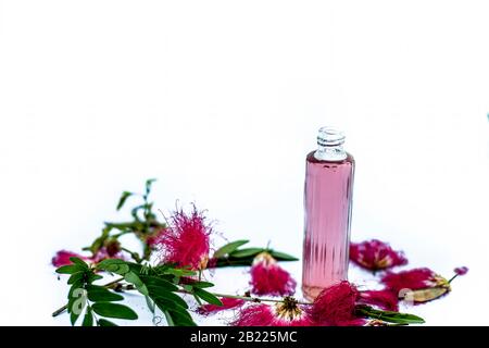 Red or pink colored flowers isolated on white along with their essential oil in a transparent glass bottle along with them. Stock Photo