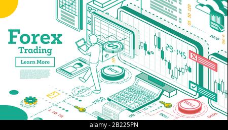 Forex Trading. Outline Isometric Concept. Vector Illustration. Candlestick Chart Graphic Design. Stock Vector
