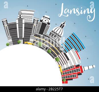 Lansing Michigan City Skyline with Color Buildings, Blue Sky and Copy Space. Vector Illustration. Business Travel and Concept. Stock Vector