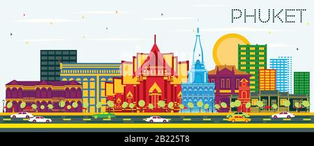 Phuket Thailand City Skyline with Color Buildings and Blue Sky. Vector Illustration. Business Travel and Tourism Concept with Modern Architecture. Stock Vector