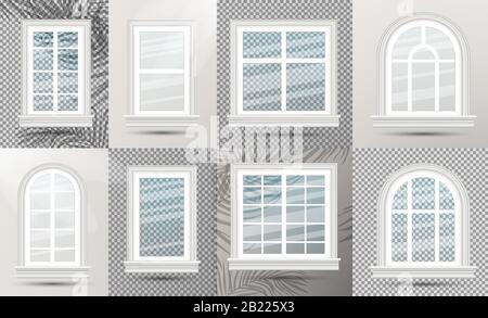 Closed Realistic Glass Windows Set with Shadows. Vector Illustration. Design Element of Architecture. Window Frames. Stock Vector