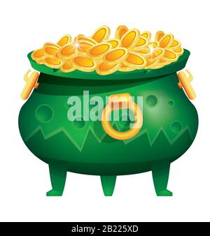 Pot of Gold Coins Isolated on White Background. Vector Illustration. Green Cauldron with Dents. Stock Vector