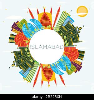 Islamabad Pakistan City Skyline with Color Buildings, Blue Sky and Copy Space. Vector Illustration. Business Travel and Tourism Concept. Stock Vector