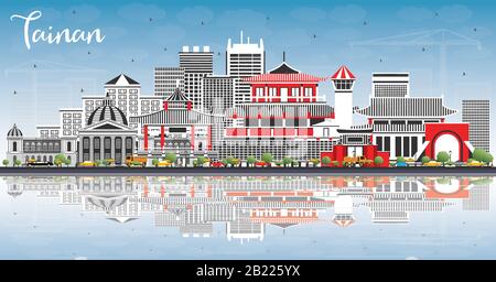 Tainan Taiwan City Skyline with Gray Buildings, Blue Sky and Reflections. Vector Illustration. Business Travel and Tourism Concept. Stock Vector