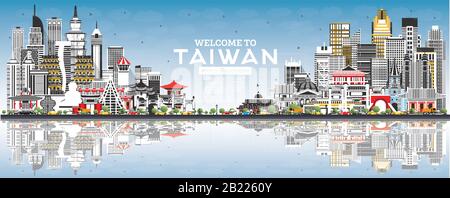 Welcome to Taiwan City Skyline with Gray Buildings, Blue Sky and Reflections. Vector Illustration. Tourism Concept with Historic Architecture. Taiwan. Stock Vector