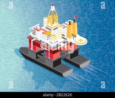 Isometric Oil Rig and Gas Platform in Gulf or Sea. Offshore Oil Drilling. Vector Illustration. Stock Vector