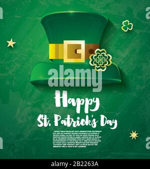 Bright and Festive Banner for Saint Patricks Day with Green Top Hat and Shamrock. Vector Illustration. Stock Vector