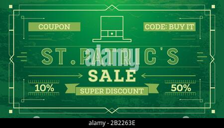 Saint Patrick's Day Sale Vintage Retro Background. Coupon Template with Rays, Lines and Frame. Vector Illustration. Stock Vector