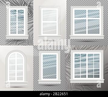 Six Closed Realistic Glass Windows with Shadows. Vector Illustration. Design Element of Architecture. Window Frames. Stock Vector