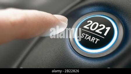 Finger about to press a car ignition button with the text 2021 start. Year two thousand and twenty one concept. Composite image between a hand photogr Stock Photo