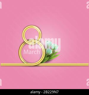 Abstract Golden and Pink Floral Greeting card.Golden number eight and glitter gold greeting on background.International Happy Women's Day.Trendy Desig Stock Vector