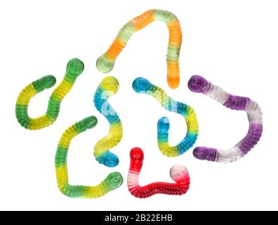 Colorful jelly worms isolated on white. Sweet gummy worms set isolated on white, close up, top view Stock Photo
