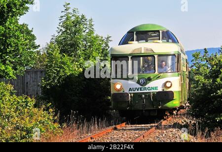 The panoramic railcar X 4200 of the tourist train of Livradois-Forez, Puy-de-Dome, Auvergne, France Stock Photo