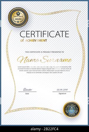 Official white certificate with gold vintage modern border. Business modern design. Gold emblem Stock Vector