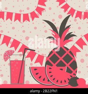 Fruits and a cocktail with a straw on a background of garlands and confetti. Tropical food. Pineapple, watermelon, lemon. Simple flat vector illustrat Stock Vector