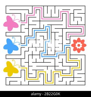 A square labyrinth. What butterfly will fly to the flower. Simple flat isolated vector illustration. With the answer Stock Vector