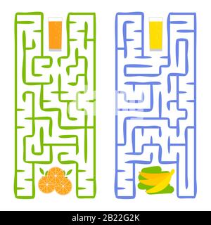 A square labyrinth. Find the way from juice to fruit. Simple flat isolated vector illustration Stock Vector