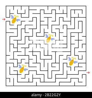A square labyrinth. Collect all the bees and find a way out of the maze. Simple flat isolated vector illustration Stock Vector