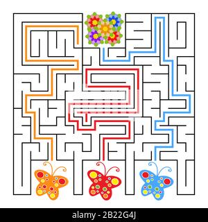 A square labyrinth. What butterfly will fly to the flower. Simple flat isolated vector illustration. With the answer Stock Vector