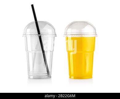 Plastic transparent disposable cup with straw for cocktai, with clipping path Stock Photo