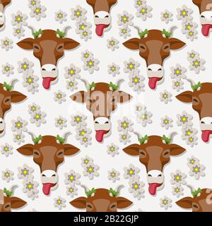 Seamless vector pattern with cow and flowers on grey background