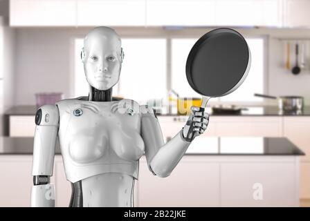 3d rendering chef robot cooking in kitchen Stock Photo